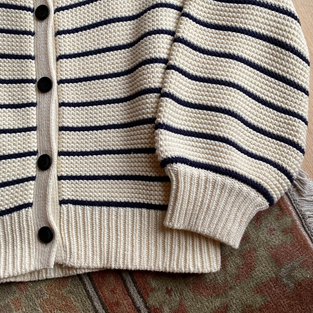 Alex Mill - Button-Back Crewneck Sweater || Ivory + Dark Navy Stripe - Size LG - Picture 3 of 6